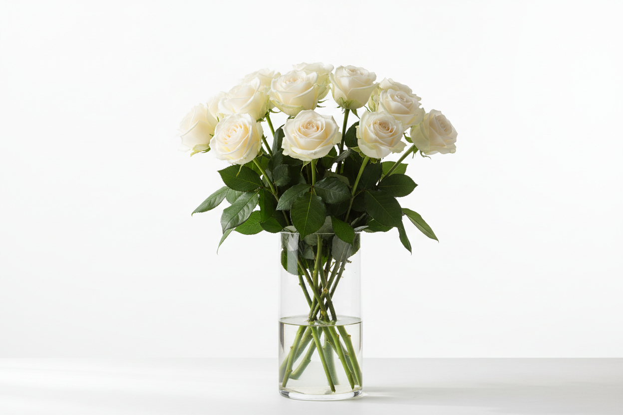 one dozen long stemmed white roses in a vase