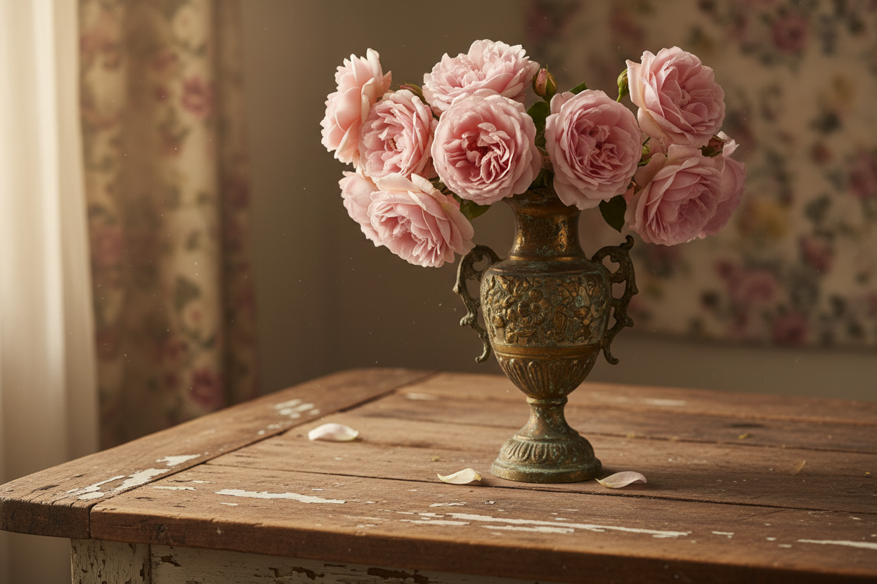 pink roses in an old vase on an old table